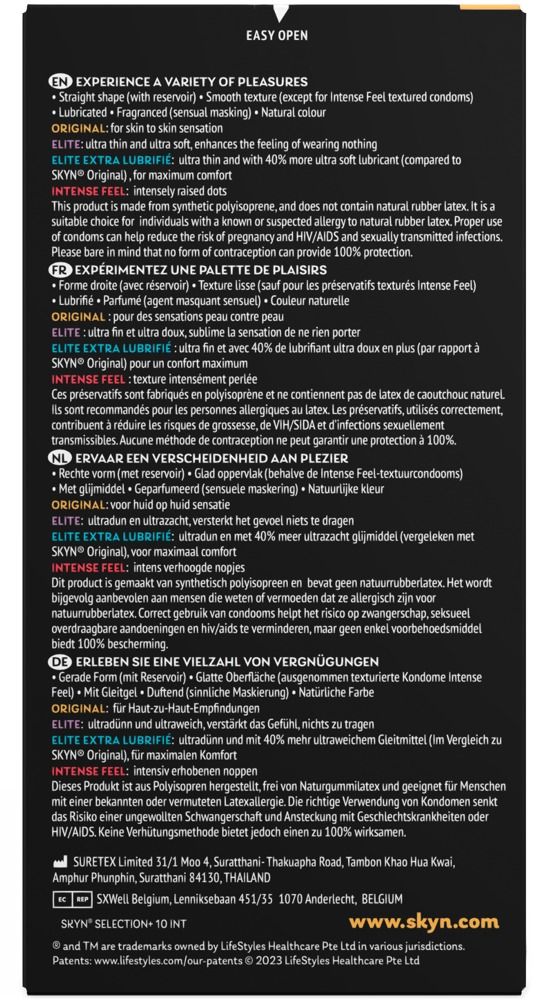 Texte sur fond noir. Informations sur le produit, dont "SKYN Selection+" et "Elite Extra Lubrifie".