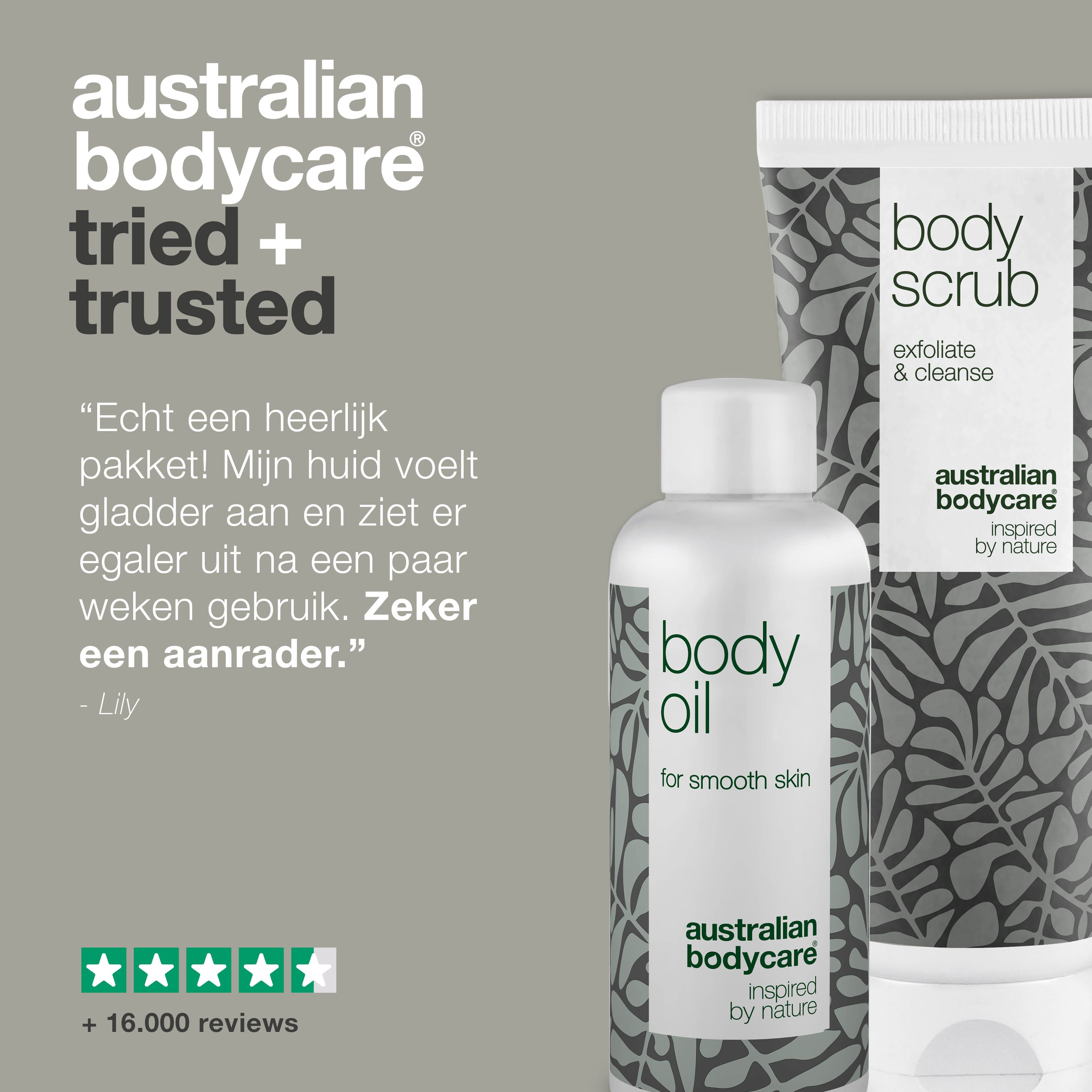 Body Scrub en Body Oil. Citaat: Lily. +16.000 beoordelingen. Vermindert cellulite en striae.