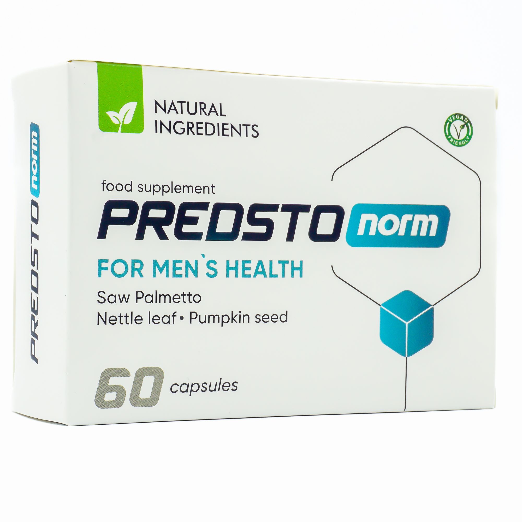 Witte doos met Predstonorm-logo. Voor mannen. Bevat 60 capsules. Natuurlijke ingrediënten. Veganistisch logo. Saw Palmetto, Nettle leaf, Pumpkin seed.