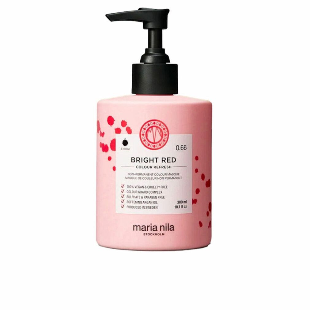Roze fles met zwarte pomp. Label met productnaam en details. Merk: Maria Nila. Tekst: Bright Red Colour Refresh.