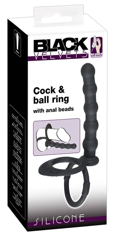 Verpakking van Black Velvets. Product: Cock & Ball Ring met anale kralen. Zwarte ring en dildo van siliconen.