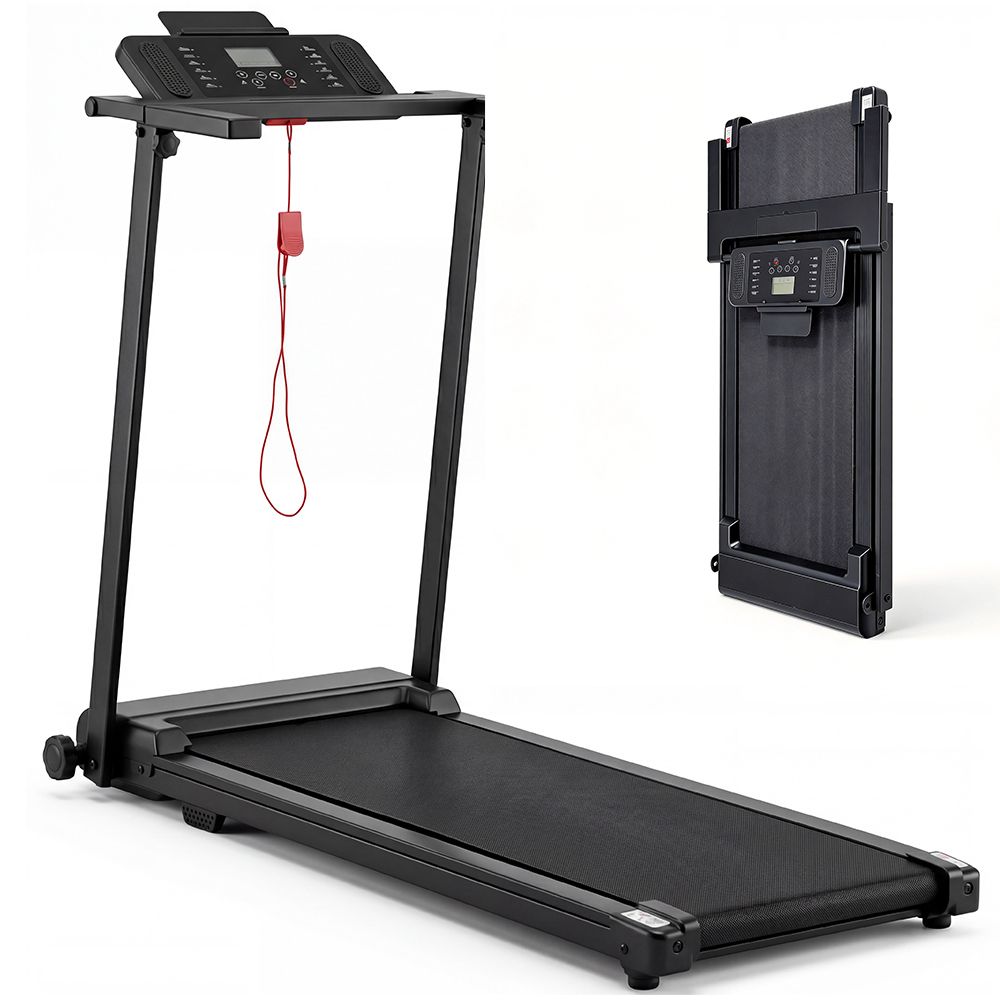 Zwart, opvouwbare loopband. Console met display. Rode veiligheidsclip. Weergegeven rechtop en opgevouwen.