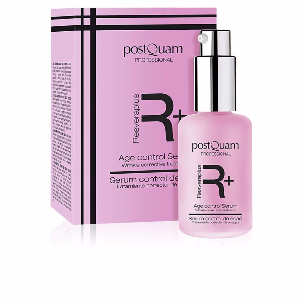 Roze fles met pomp en verpakking. Opschrift: Postquam Resveraplus Age control Serum. Rimpelcorrectie behandeling.
