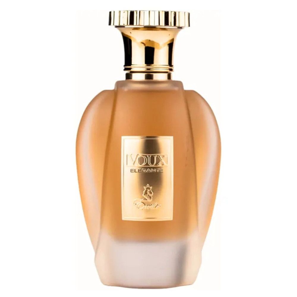 Parfumfles met gouden dop en etiket. Opschrift: Voux Élégante. Fles van matglas.