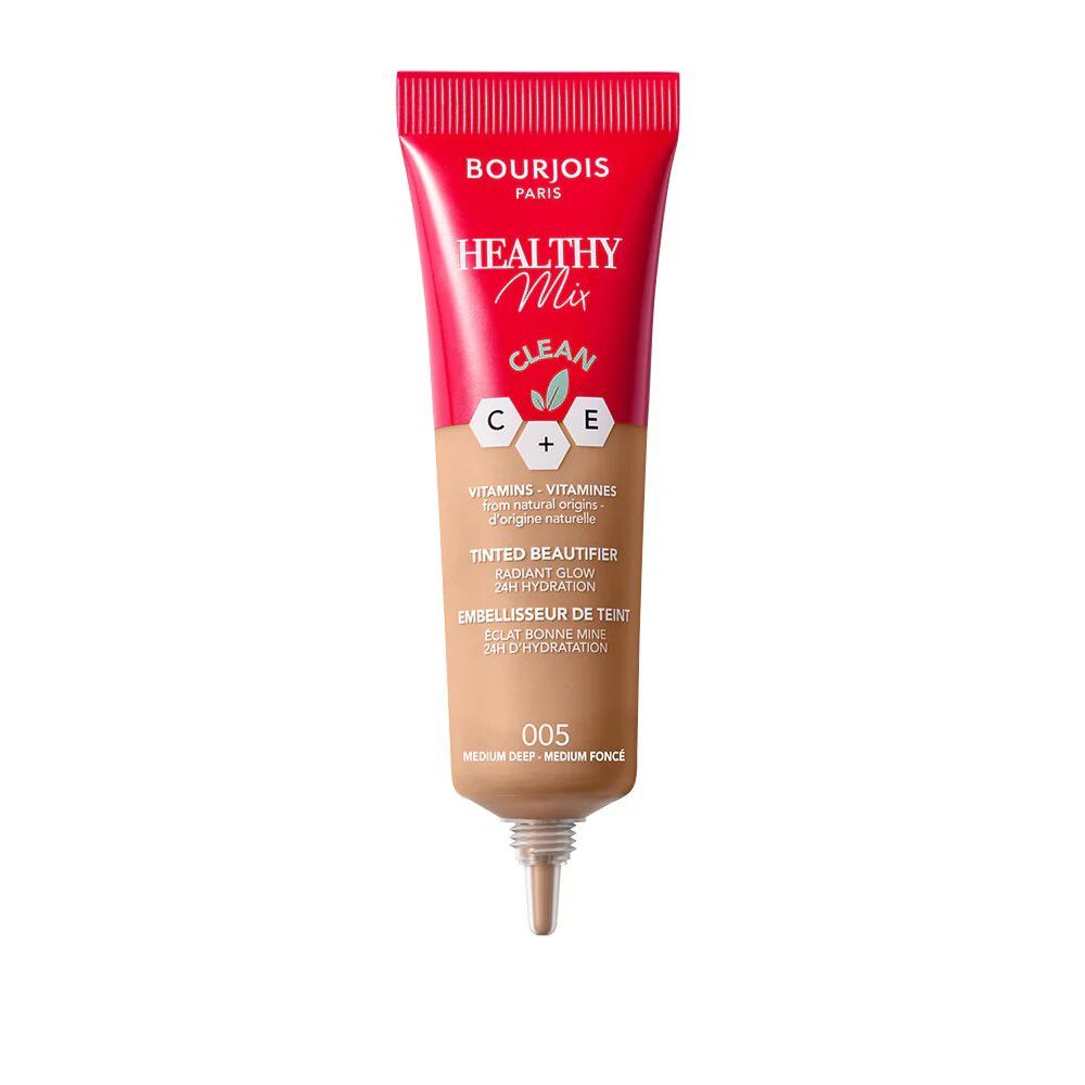 Tube Bourjois Healthy Mix Beautifier, bouchon rouge. Inscription: Healthy Mix Clean. Teinte 005.