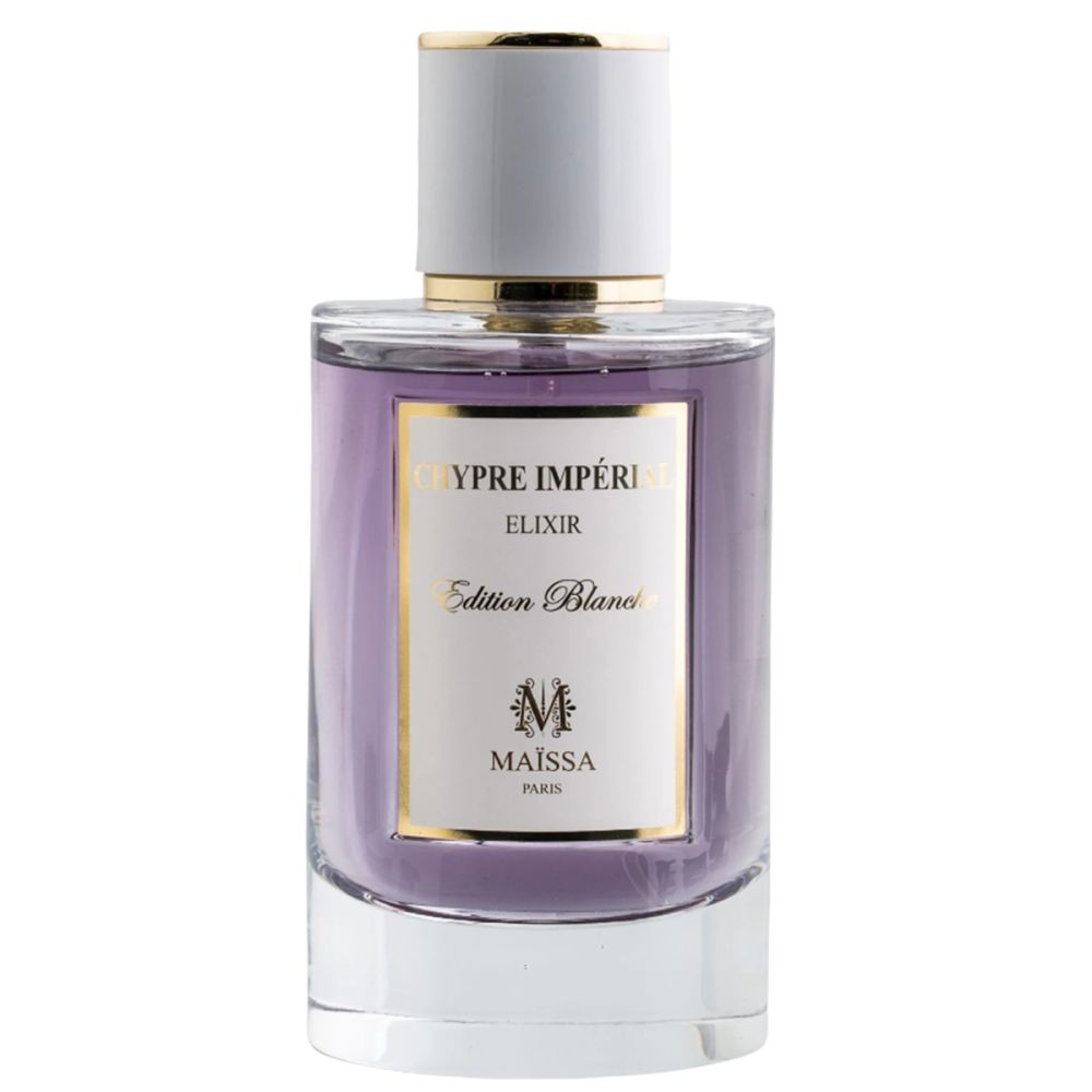 Flacon de parfum avec bouchon blanc et bordure dorée. L'étiquette indique "Chypre Impéri Elixir Edition Blanc" et "Maïssa Paris".