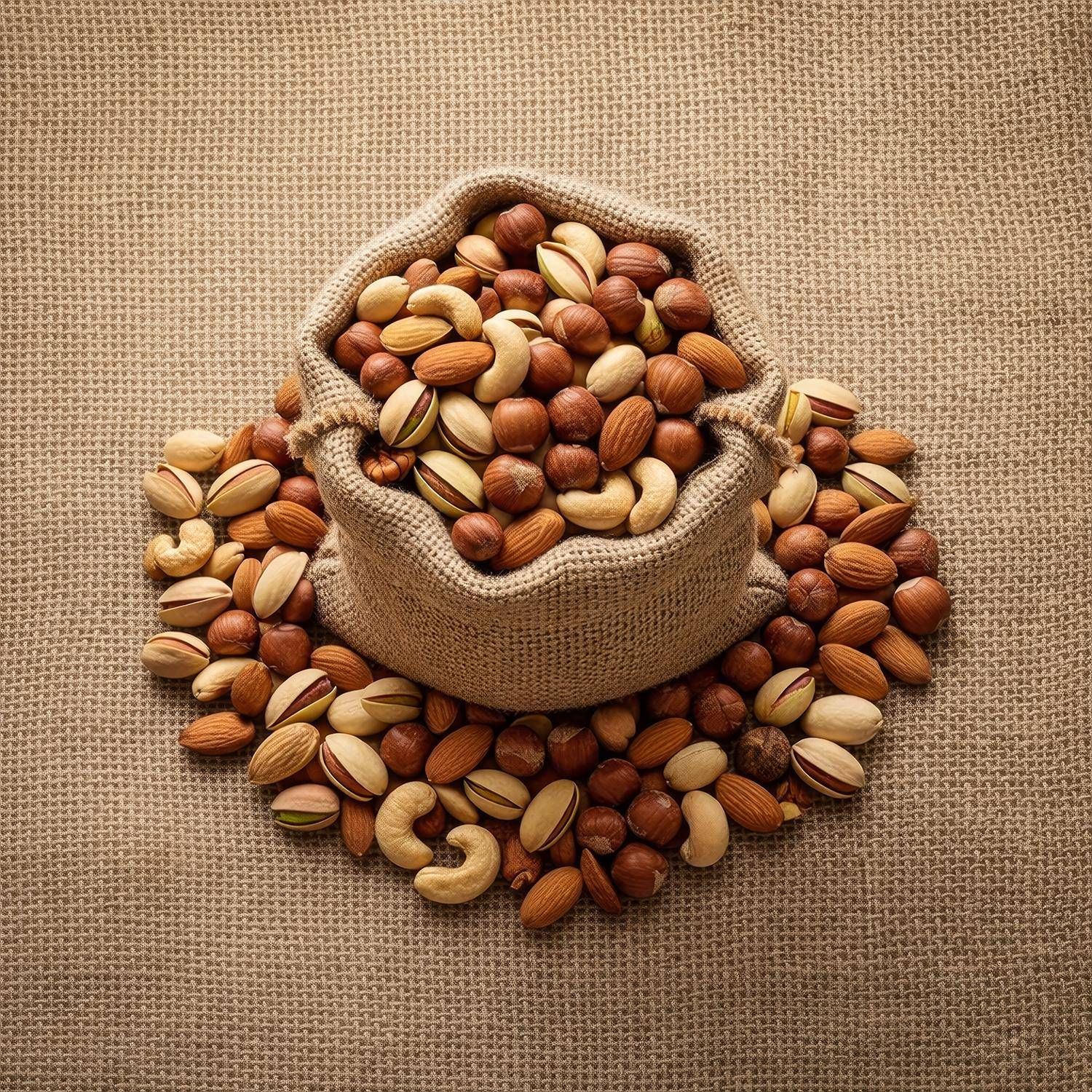 Een jute zak gevuld met een mix van amandelen, hazelnoten en cashewnoten, ernaast verspreid.