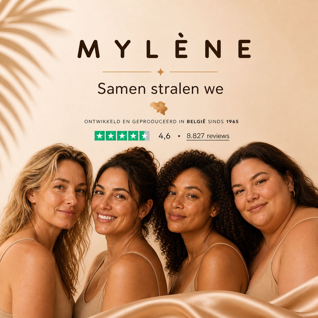 Vier vrouwen lachen. Tekst: Mylène. Samen stralen we. Ontwikkeld en geproduceerd in België. 4,6 sterren, 8.827 beoordelingen.
