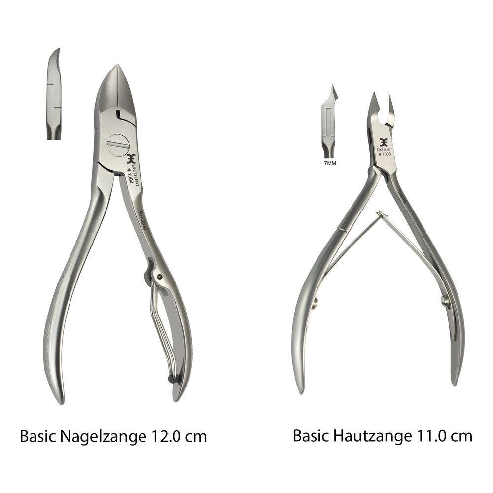 Deux pinces à ongles et à cuticules en métal. Une pince à ongles (12,0 cm) et une pince à cuticules (11,0 cm).