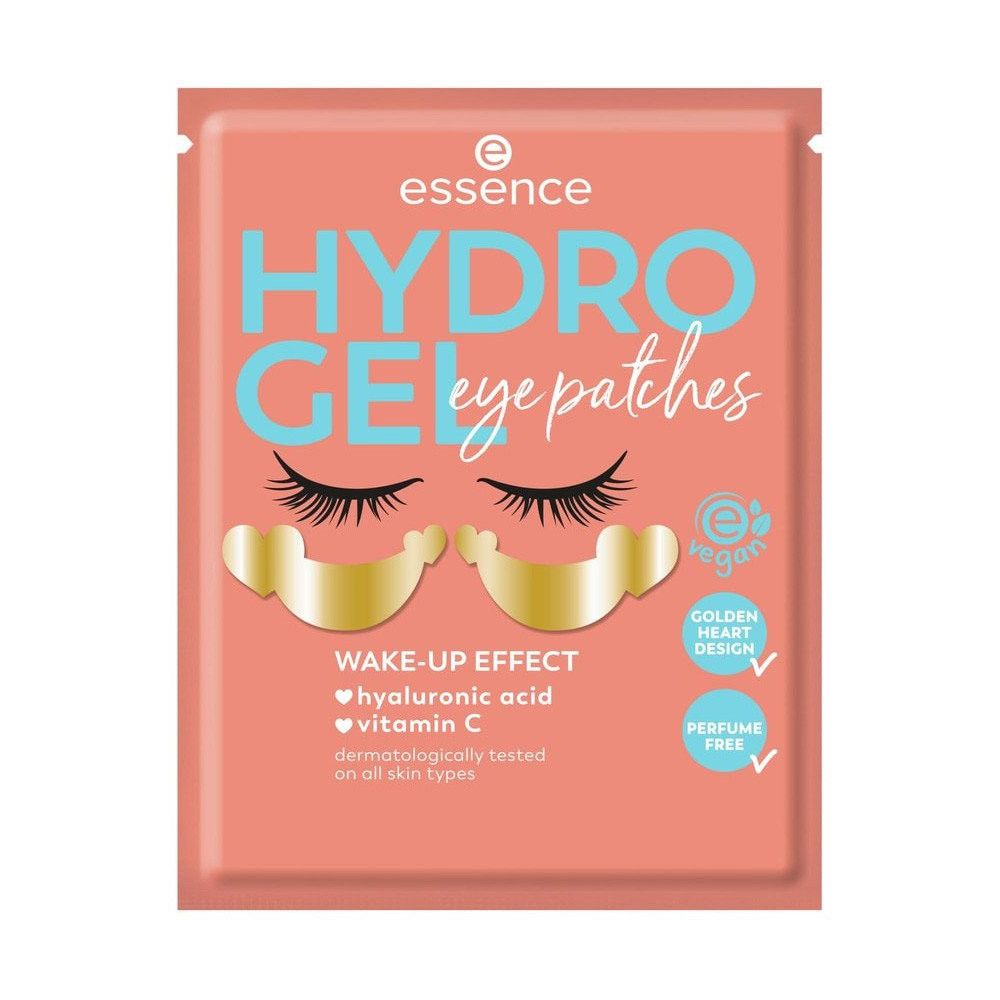 Verpakking met oogpads. Opschrift: HYDRO GEL eye patches, vegan, Wake-up Effect, parfumvrij.