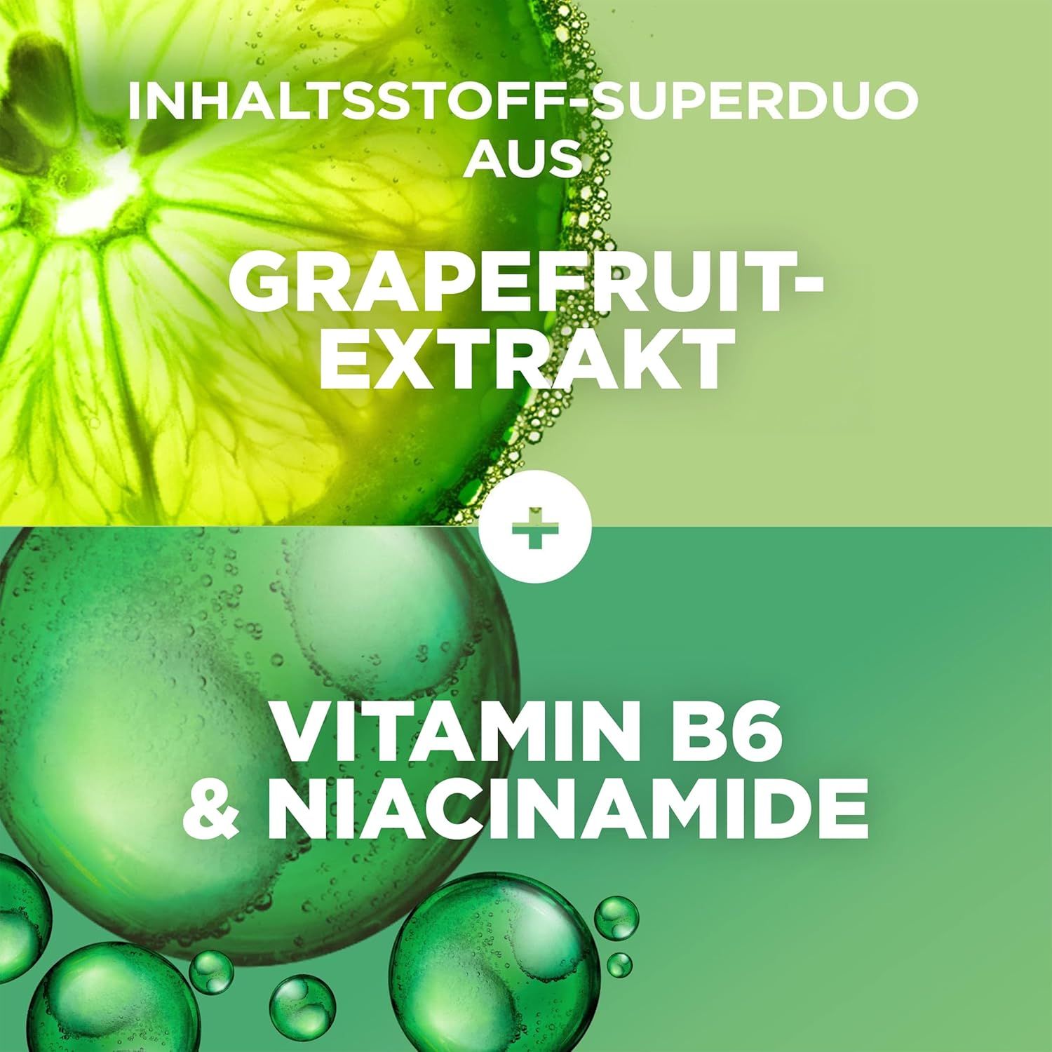 Grafiek met grapefruit extract, vitamine B6 en niacinamide. Tekst: Ingrediënten superduo van grapefruit extract en vitamine B6 & niacinamide.