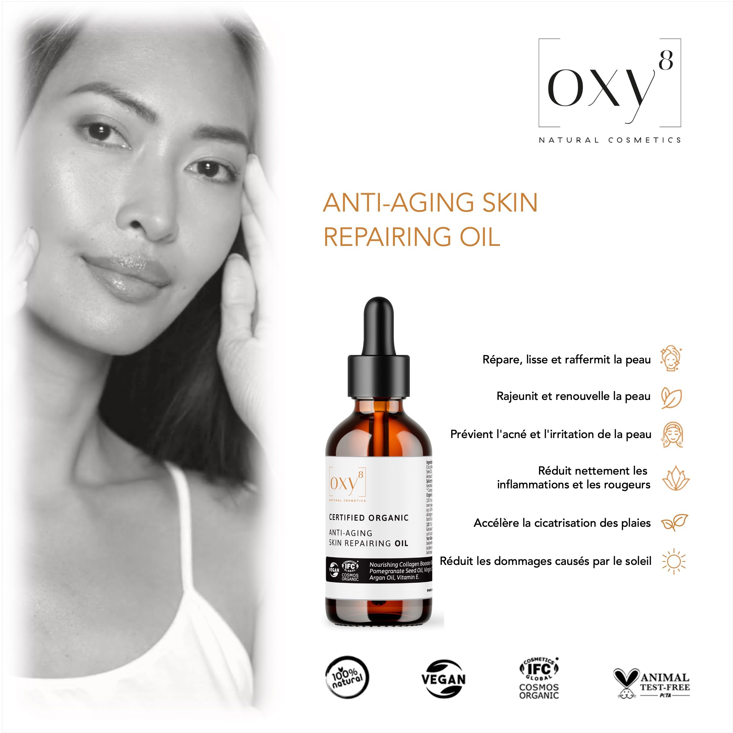 oxy8 Natural Cosmetics ANTI-AGING SKIN REPAIRING OIL - Huile pour la peau. Répare & lisse la peau.