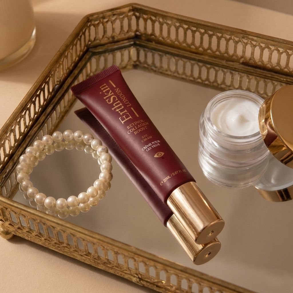 Tube de crème contour des yeux ErthSkin Retinol Collagen Boost sur un plateau miroir avec des perles et un petit pot de crème.