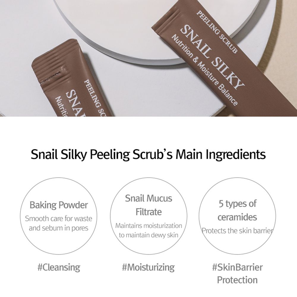 Grafiek met ingrediënten. Opschrift: Snail Silky Peeling Scrub. Ingrediënten: Baking Powder, slakkenslijm, ceramiden.