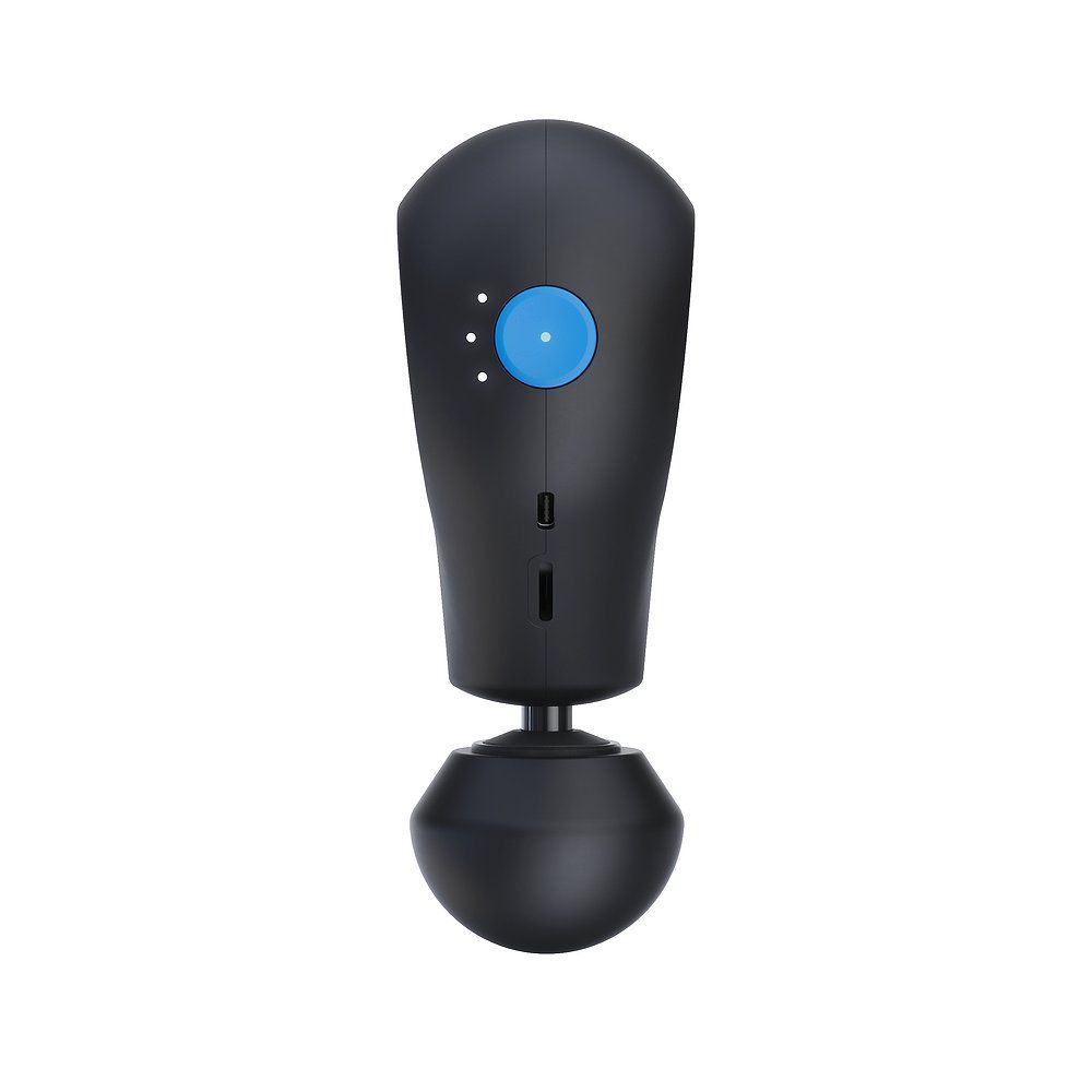 Zwarte massager met blauwe knop en drie witte LED's. Ronde basis.