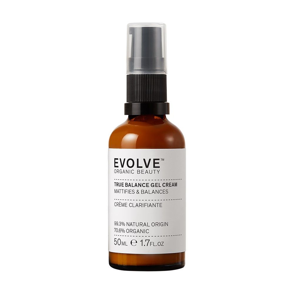 Flacon en verre brun avec pompe pour Evolve Organic Beauty True Balance Gel Cream, 50ml.