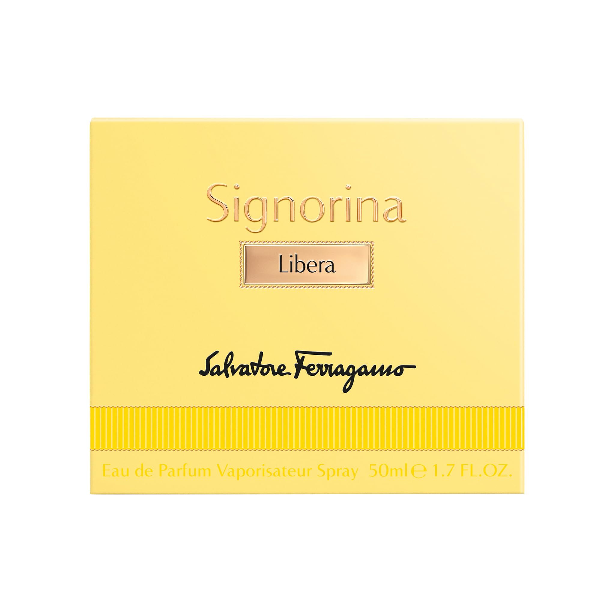 Emballage jaune avec texte Signorina Libera et Salvatore Ferragamo. En bas, Eau de Parfum Vaporisateur Spray 50ml 1.7 FL.OZ.