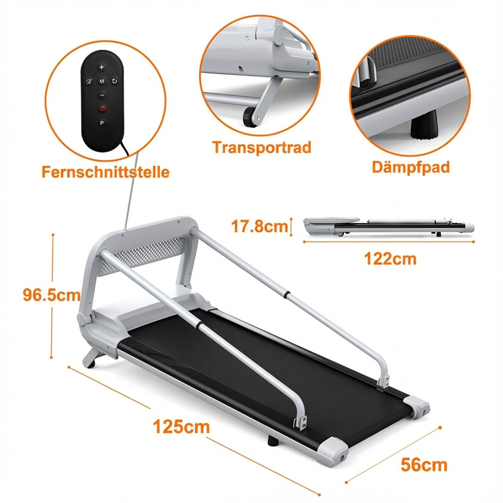 Hondentrainer met afmetingen: 125x56x96,5 cm. Afstandsbediening, transportwiel, dempende pad. Wit frame, zwart loopvlak.