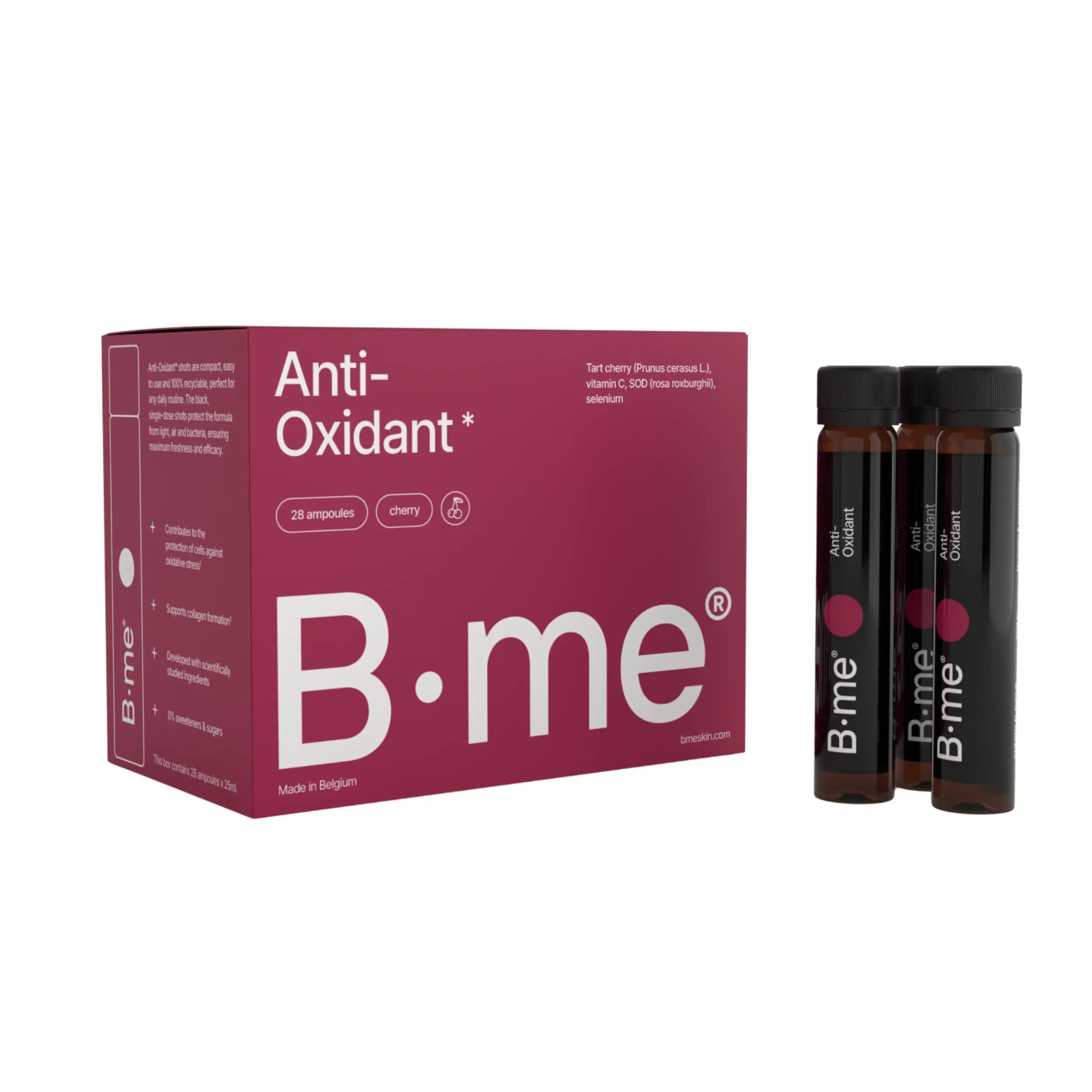 Verpakking B.me® Anti-Oxidant met ampullen. Bevat 28 ampullen. Kersen smaak. Met vitamine C en selenium.
