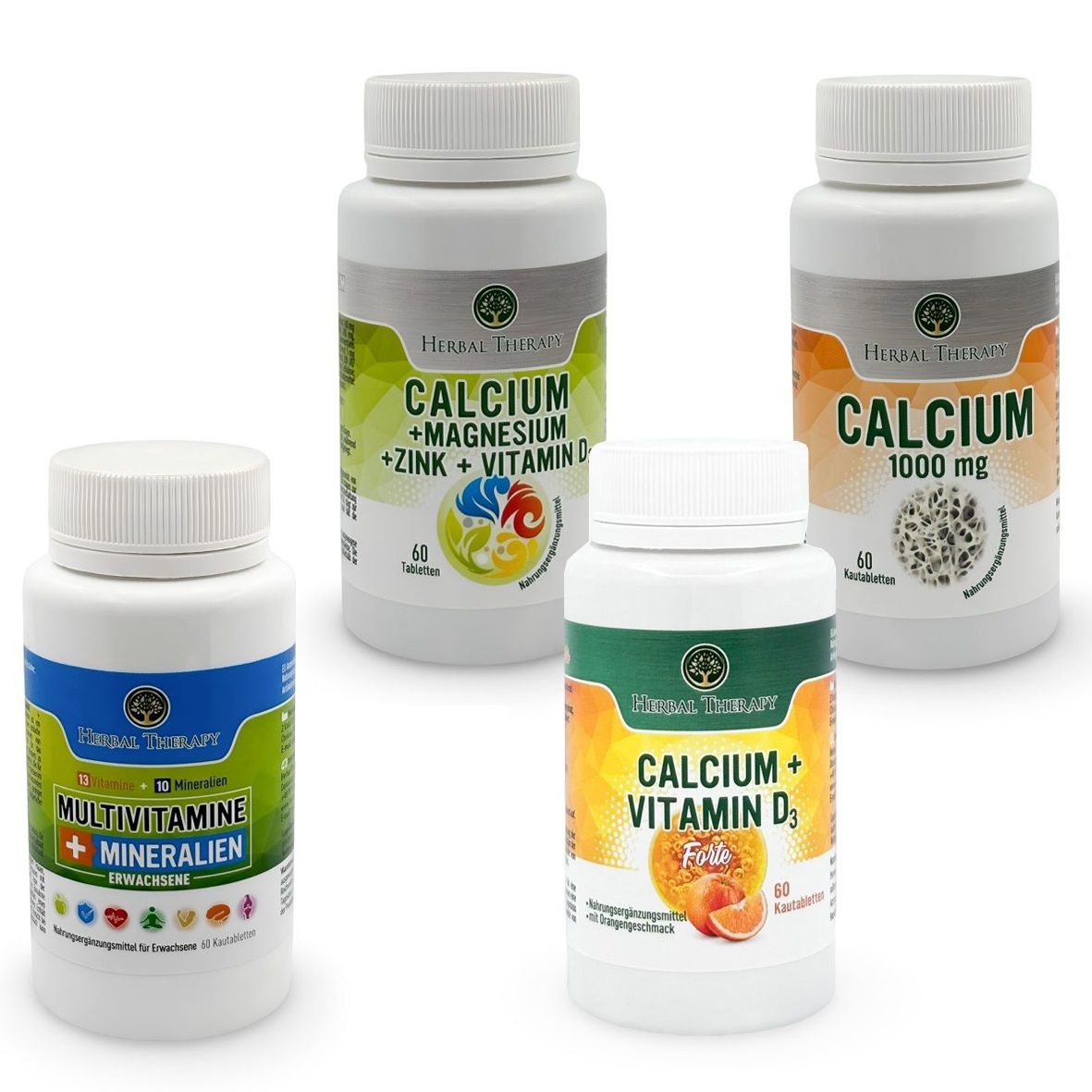 Vier witte pillenflessen. Opschriften: Calcium, Multivitamine, Calcium + Magnesium + Zink + Vitamine D, Calcium + Vitamine D3. 60 tabletten.