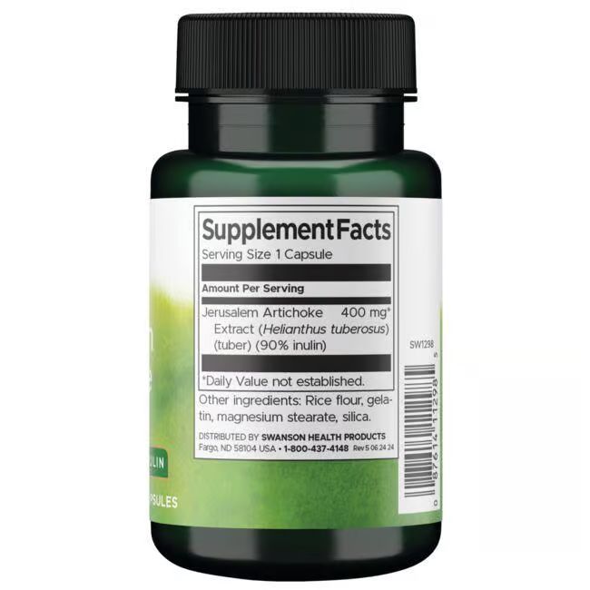 Dos du flacon vert de gélules SWANSON Prebiotique Topinambur. Étiquette avec informations nutritionnelles et ingrédients.