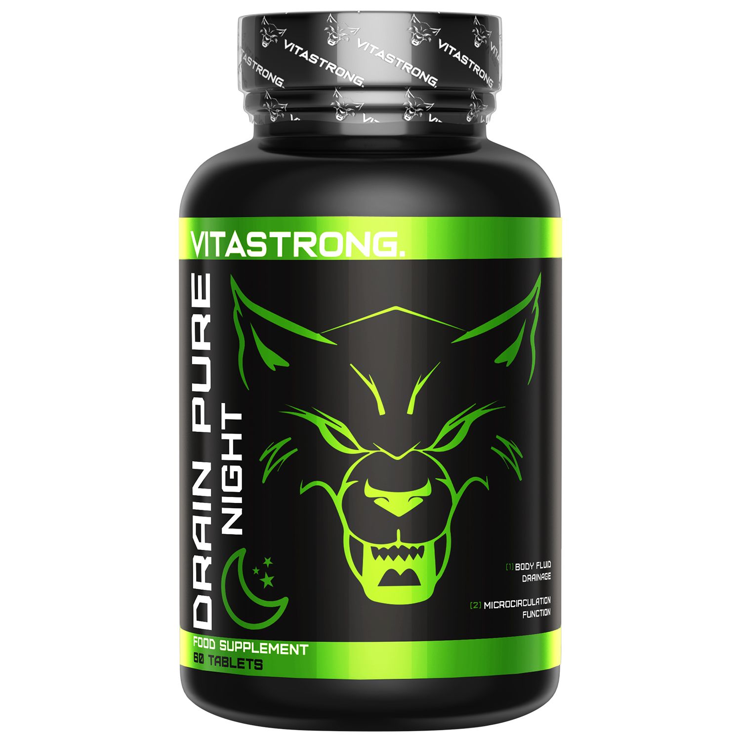 Flacon noir avec texte vert. Contient des comprimés. Inscription : Vitastrong Drain Pure Night.