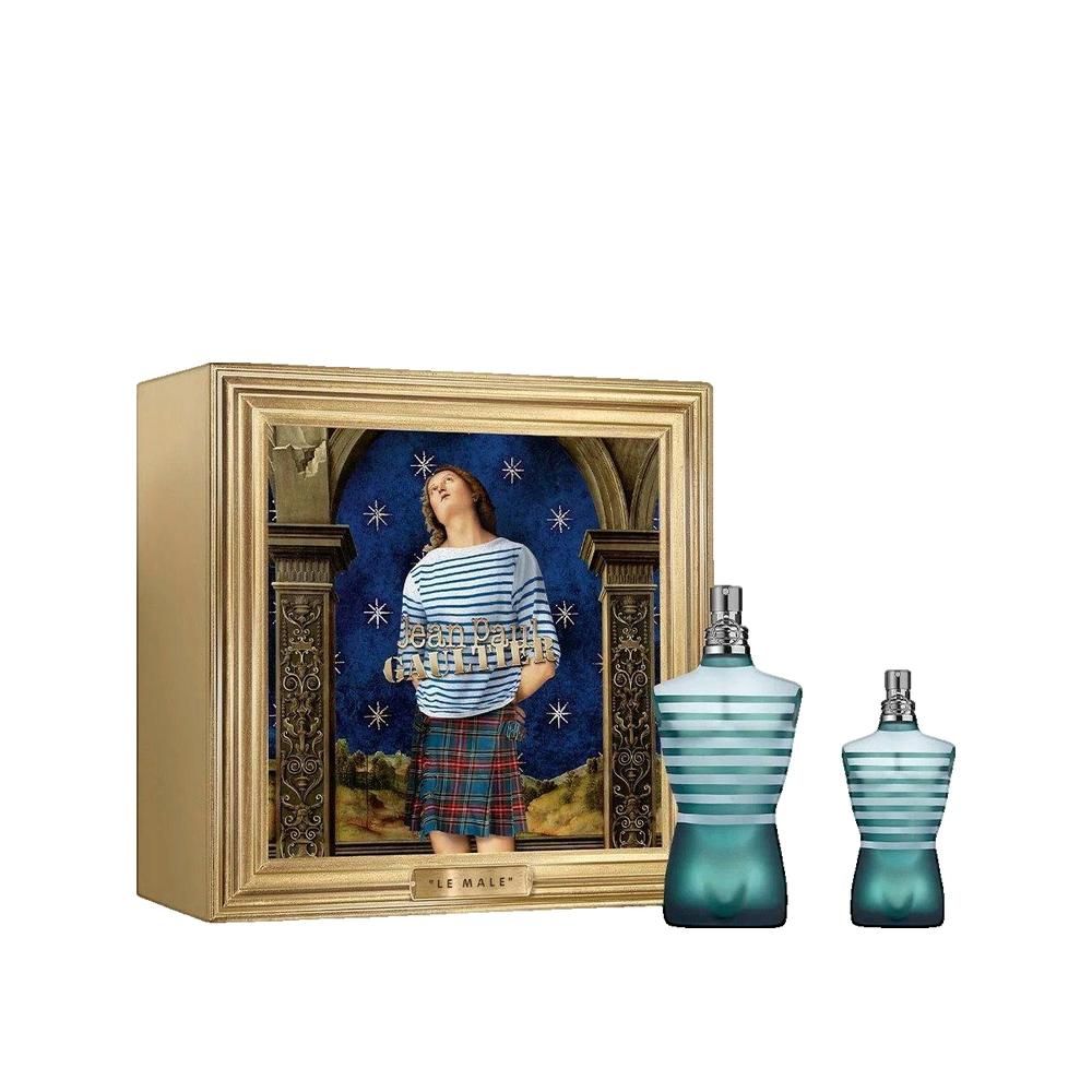 Coffret cadeau avec deux flacons en forme de torse, turquoise transparent avec rayures blanches. Boîte dorée avec image.