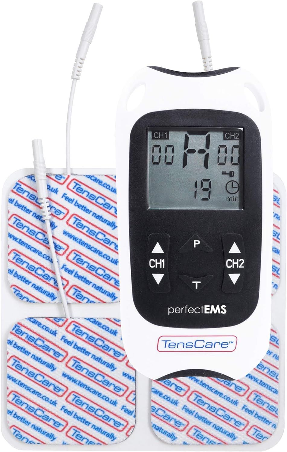 Appareil TensCare Perfect TENS et EMS blanc avec écran, électrodes et coussinets. Affiche l'heure et les canaux.