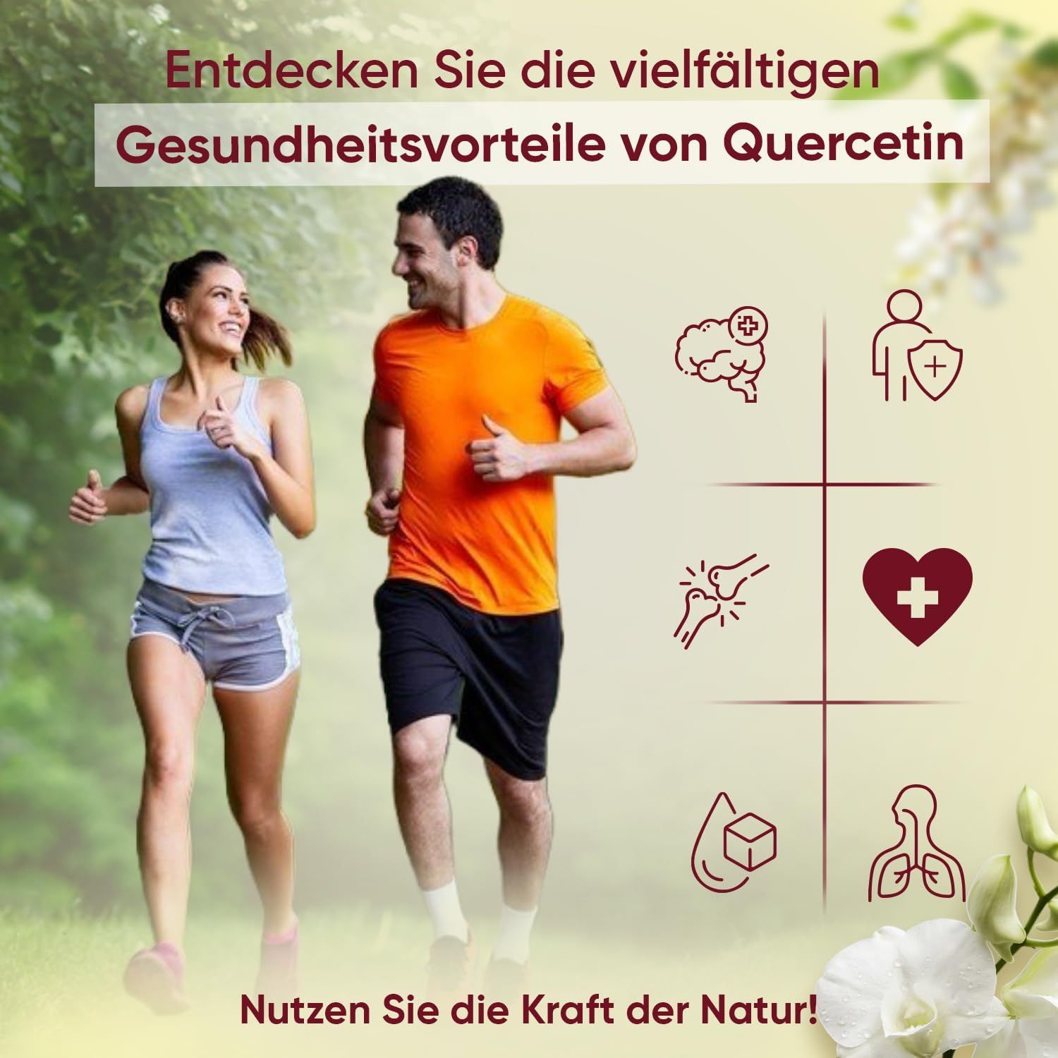 Deux personnes font du jogging. Icônes : cerveau, bouclier, articulations, cœur, goutte, poumons. Texte : La force de la nature !