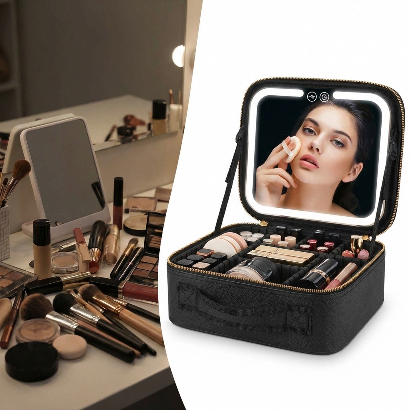 Trousse de maquillage noire avec dimensions et détails.