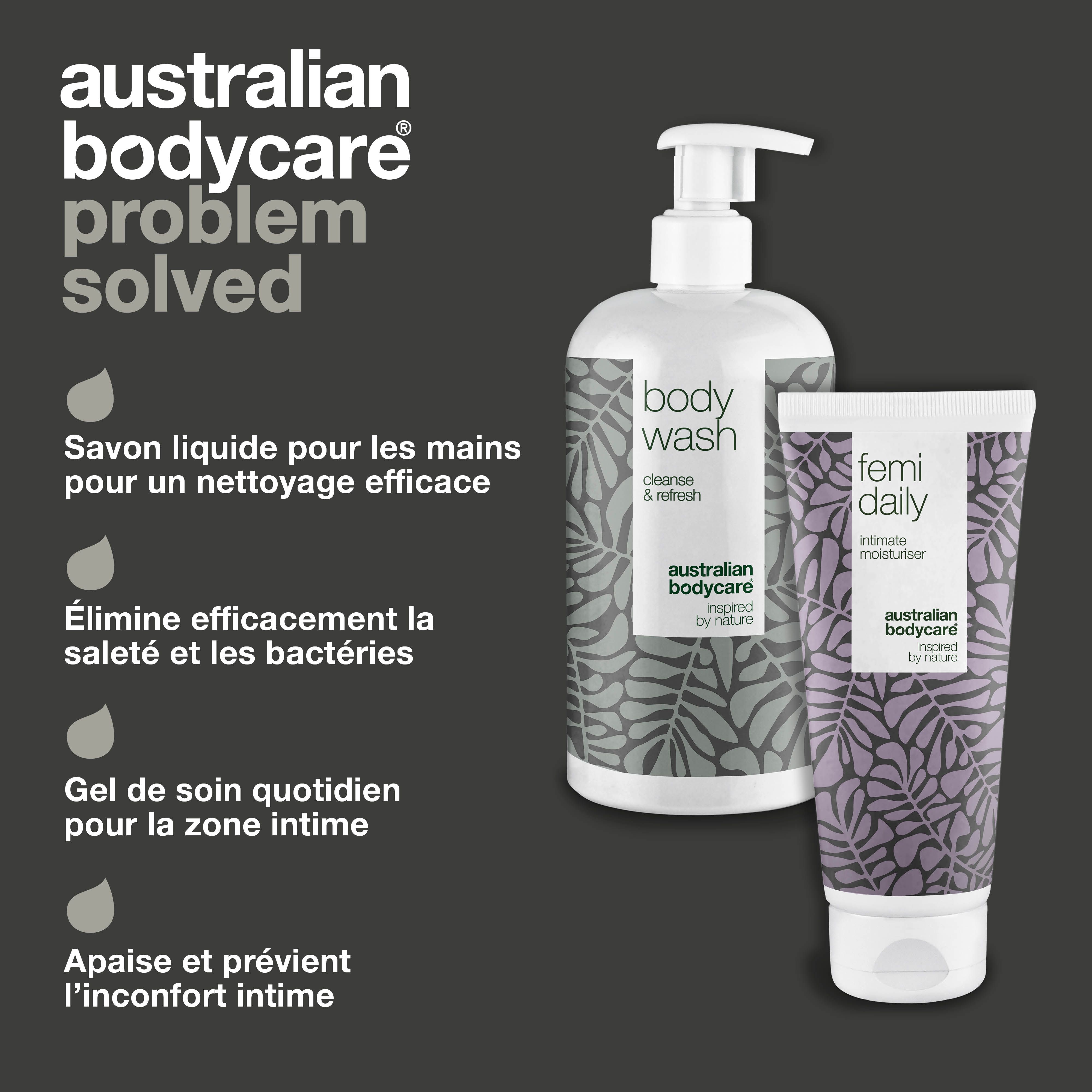 Gel douche et hydratant intime. Texte : 'Problem solved'. Avantages : odeur, peau, équilibre.