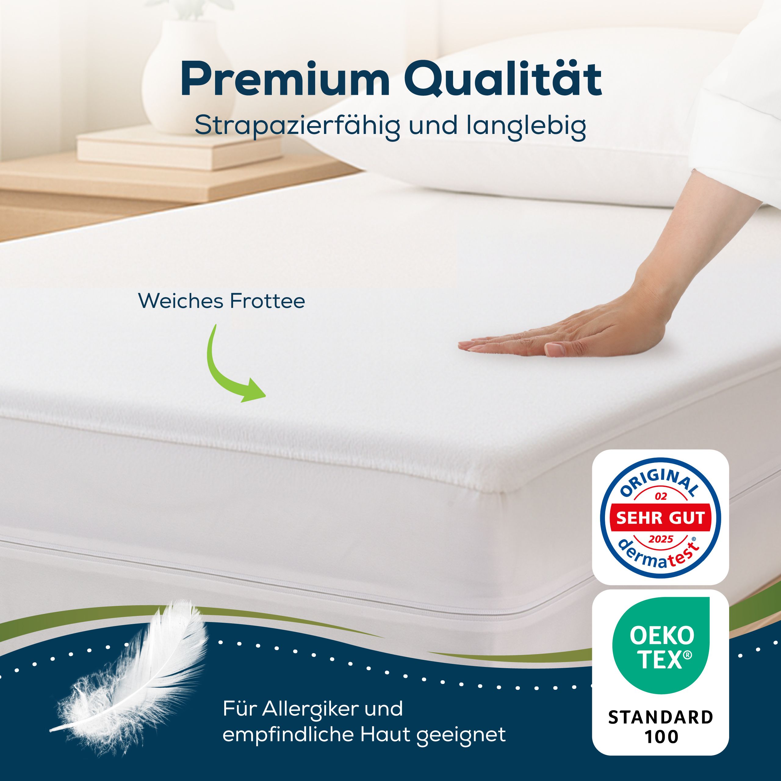 Housse de matelas blanche. Éponge douce. Certification Oeko-Tex. Texte : Convient aux personnes allergiques et peaux sensibles.