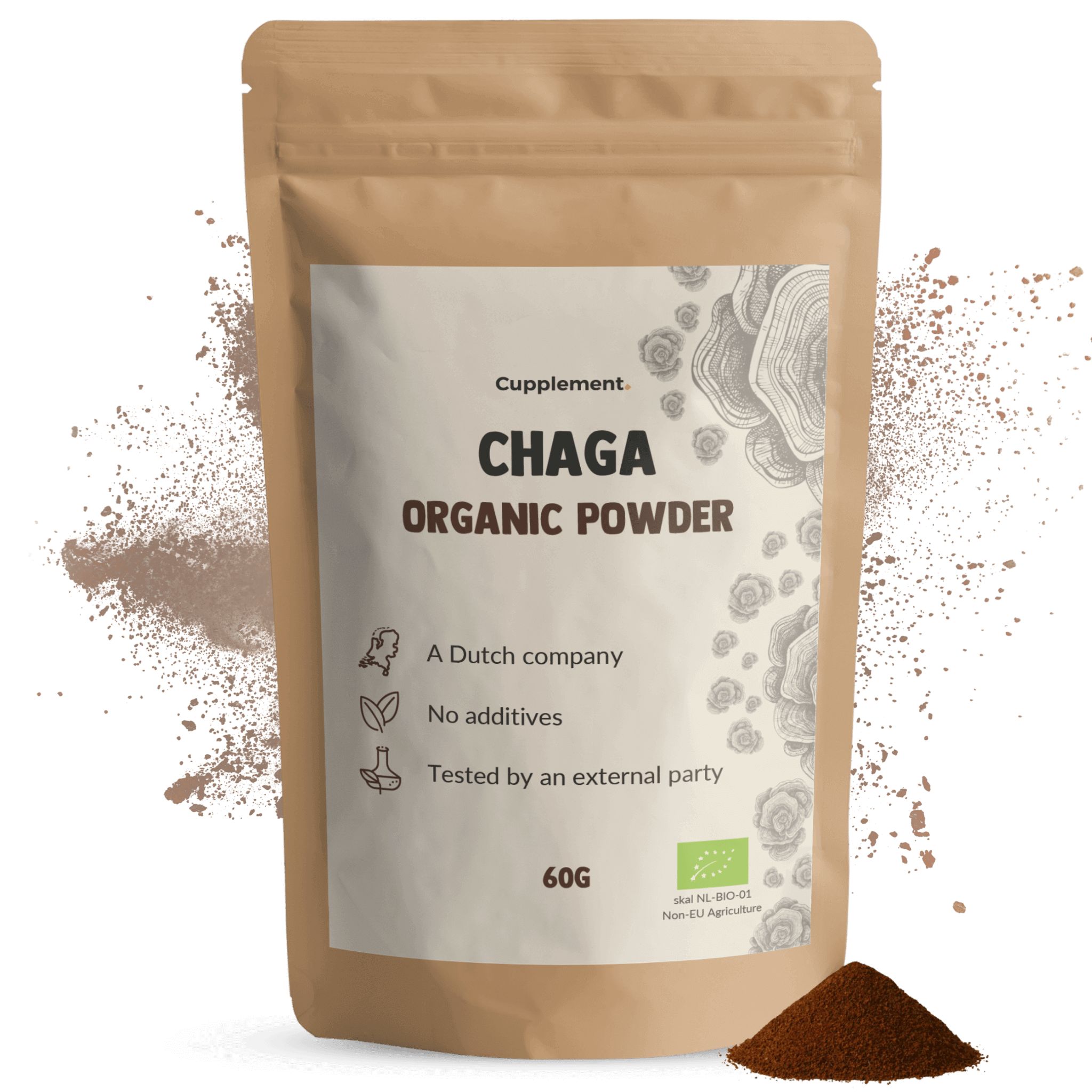 Sachet de Chaga Organic Powder. Inscription: Cupplement, Chaga Organic Powder, 60g. Avec logo bio UE.
