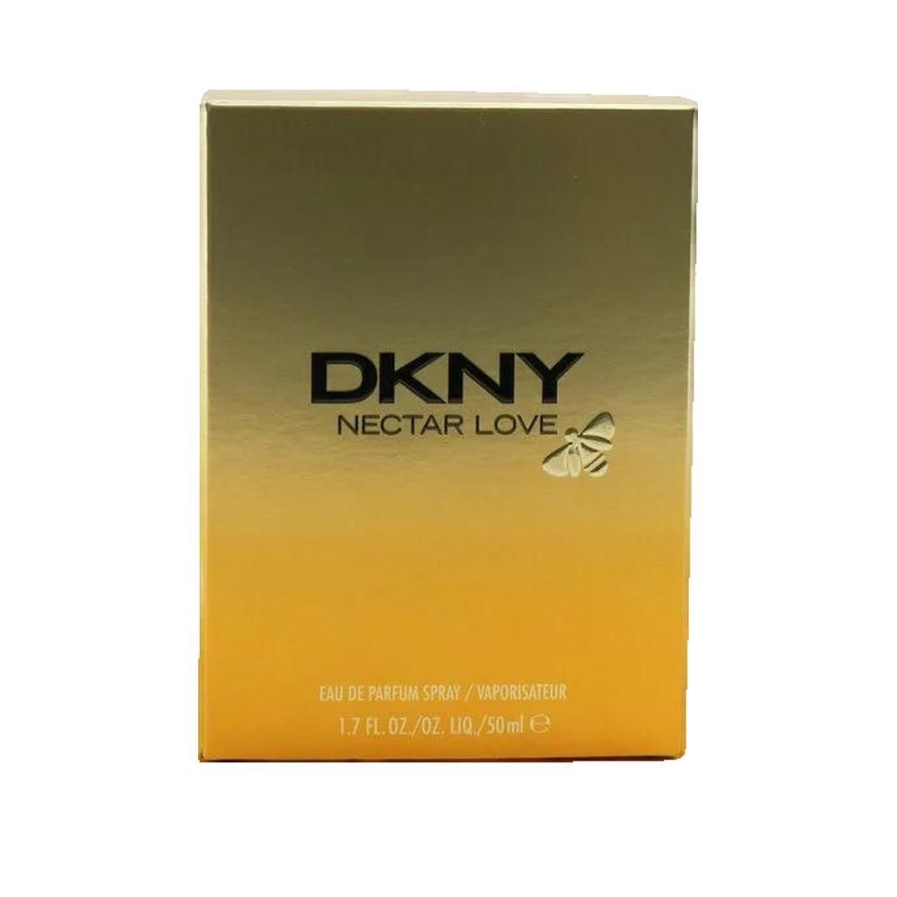 Verpakking van DKNY Nectar Love. Gouden en oranje doos met DKNY Nectar Love tekst en vlinder symbool.