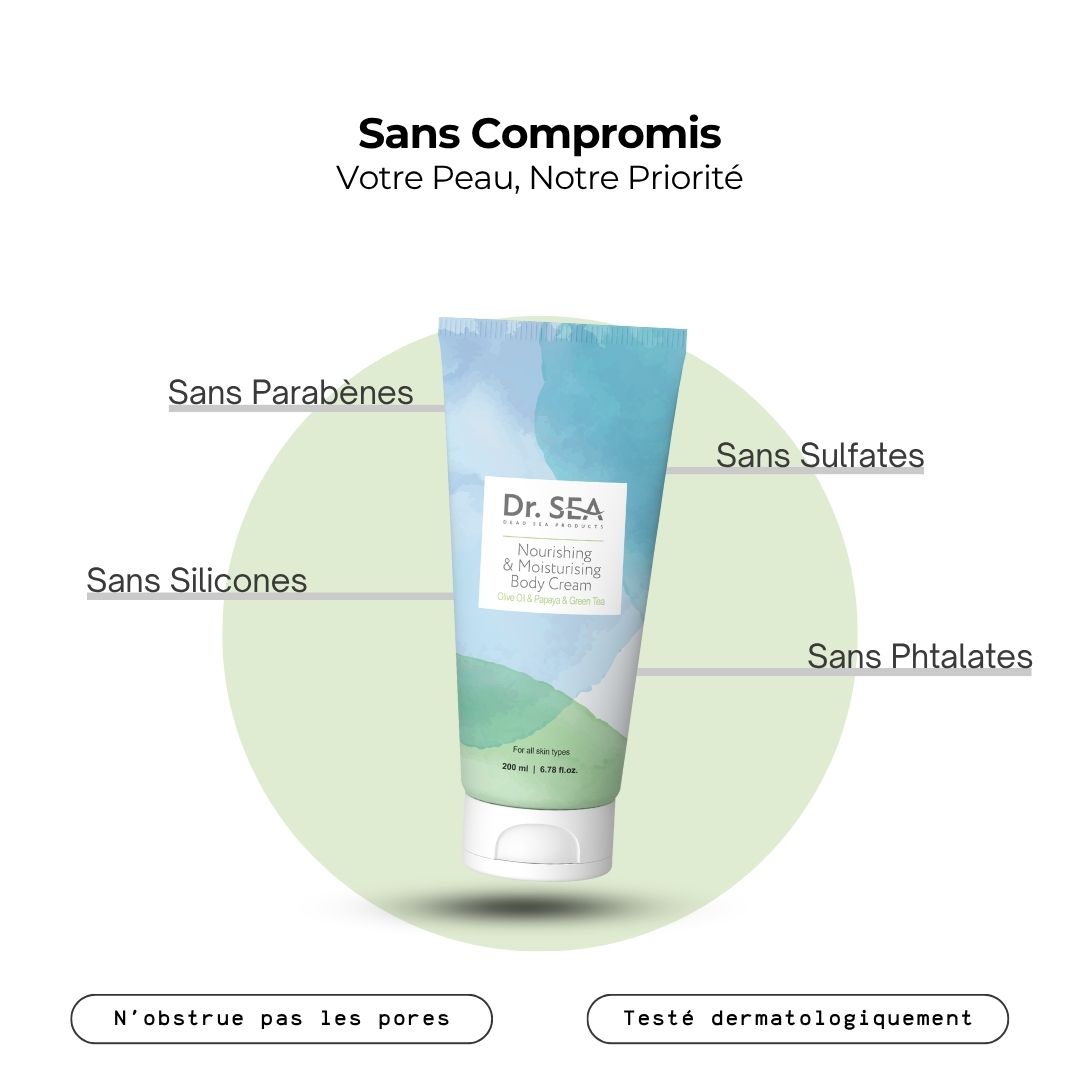Tube de crème avec texte. Texte : « Nourishing & Moisturising Body Cream ». Sans parabènes, sulfates, silicones, phtalates. Testé dermatologiquement.