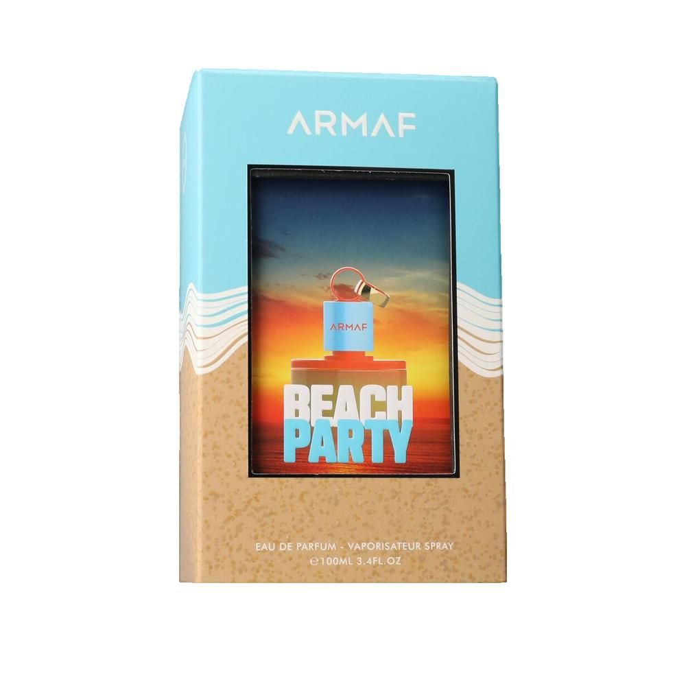 Lichtblauwe doos met productafbeelding. Opschrift "ARMAF" en "BEACH PARTY". Tekst: "EAU DE PARFUM - VAPORISATEUR SPRAY".