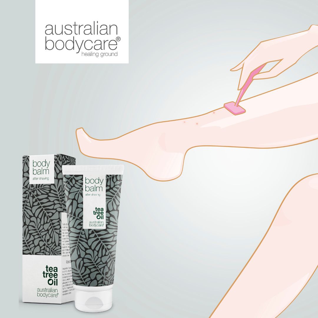 Illustration : personne se rasant la jambe. Produits : Body Balm et emballage. Marque : Australian Bodycare.
