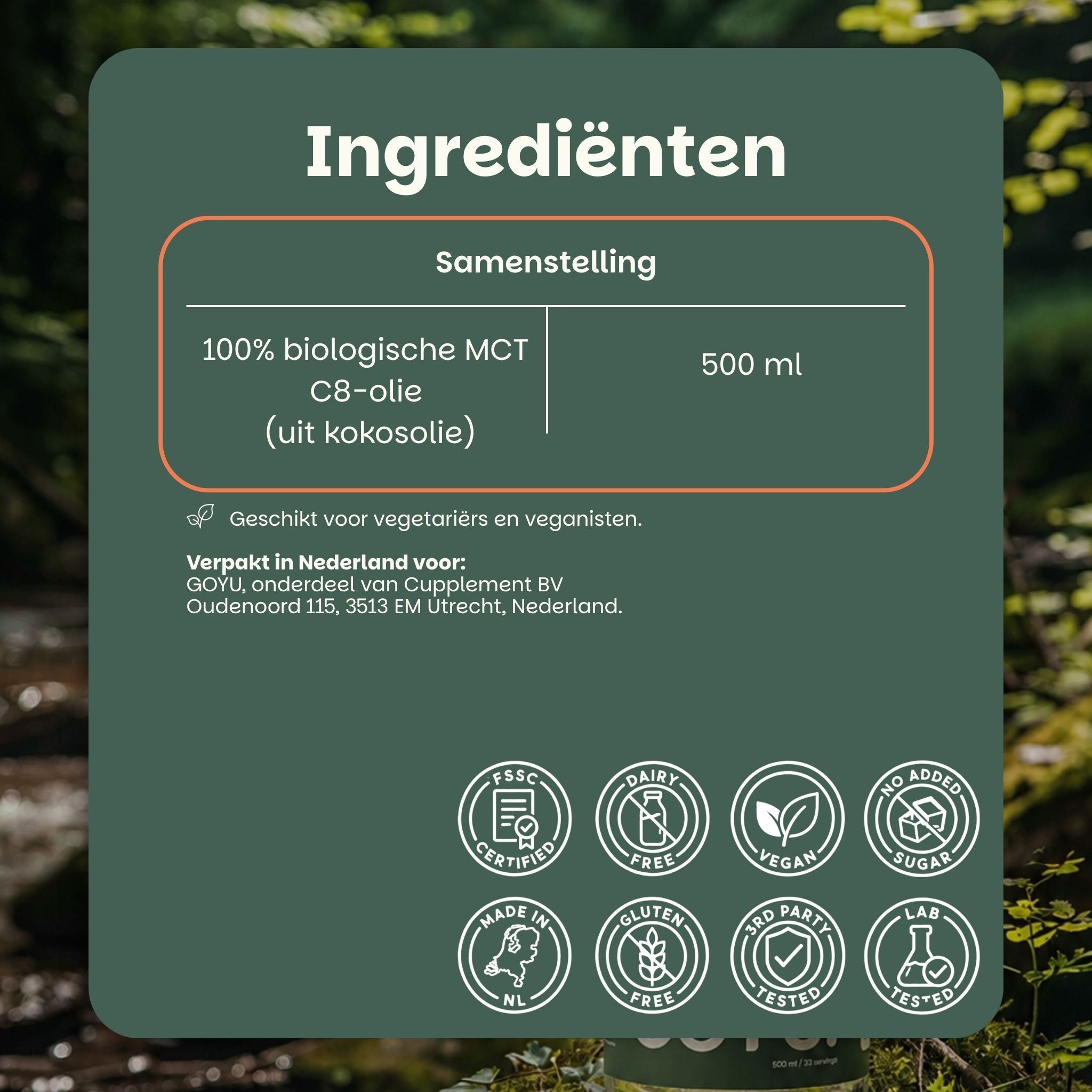 Fles GOYU MCT Olie C8 met bosachtergrond en productkenmerken.