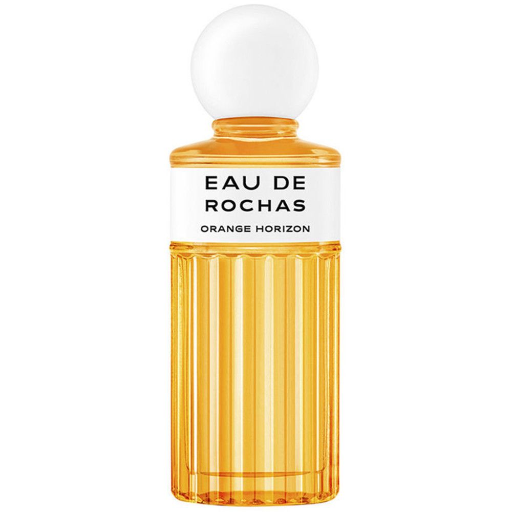 Eau de Rochas Orange Horizon. Fles met witte dop en oranje inhoud. Geribbeld glas. Wit etiket met productnaam.