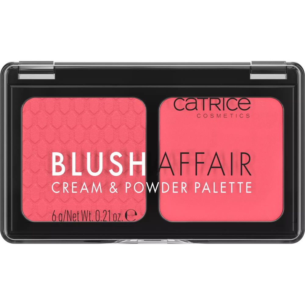 Palette de blush avec deux teintes roses. Texte : BLUSH AFFAIR, CREAM & POWDER PALETTE, CATRICE.