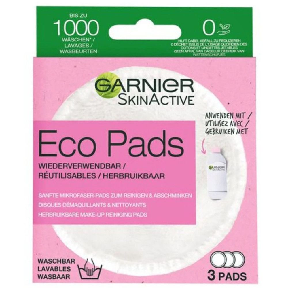 Verpakking Garnier SkinActive Eco Pads. Herbruikbare pads, tot 1000 wasbeurten. 3 pads.