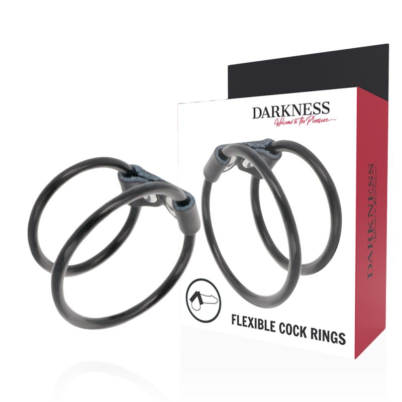 Deux anneaux péniens flexibles noirs en silicone avec une connexion textile. Emballage avec image du produit et texte.