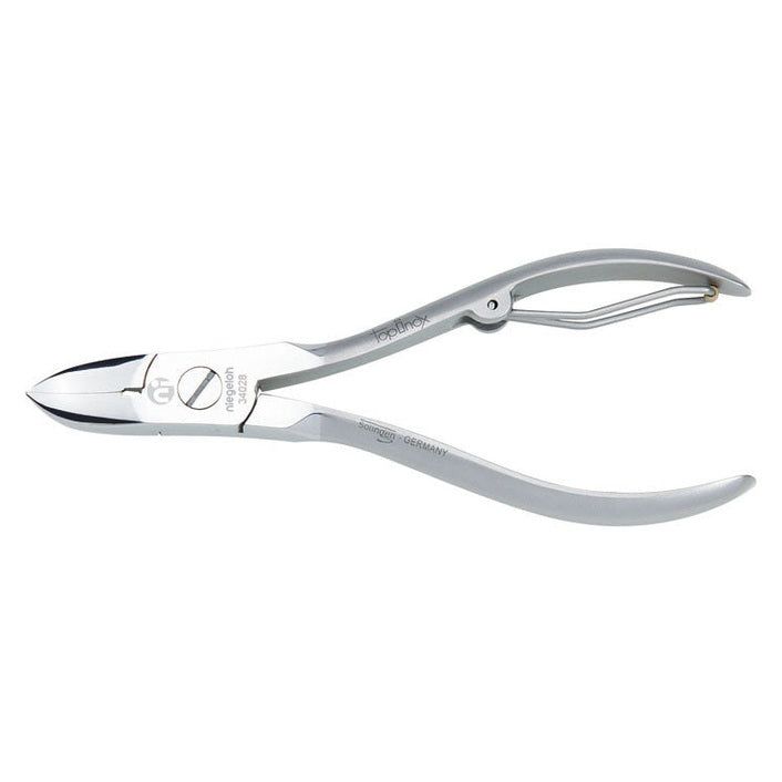 Metalen nagelknipper. Met gebogen handgrepen en snijkant. Opschrift: Niegeloh Solingen, Topline.