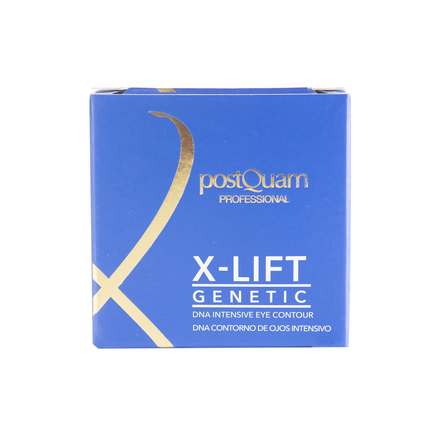 Emballage bleu avec logo doré et inscription : X-LIFT GENETIC, DNA Intensive Eye Contour.