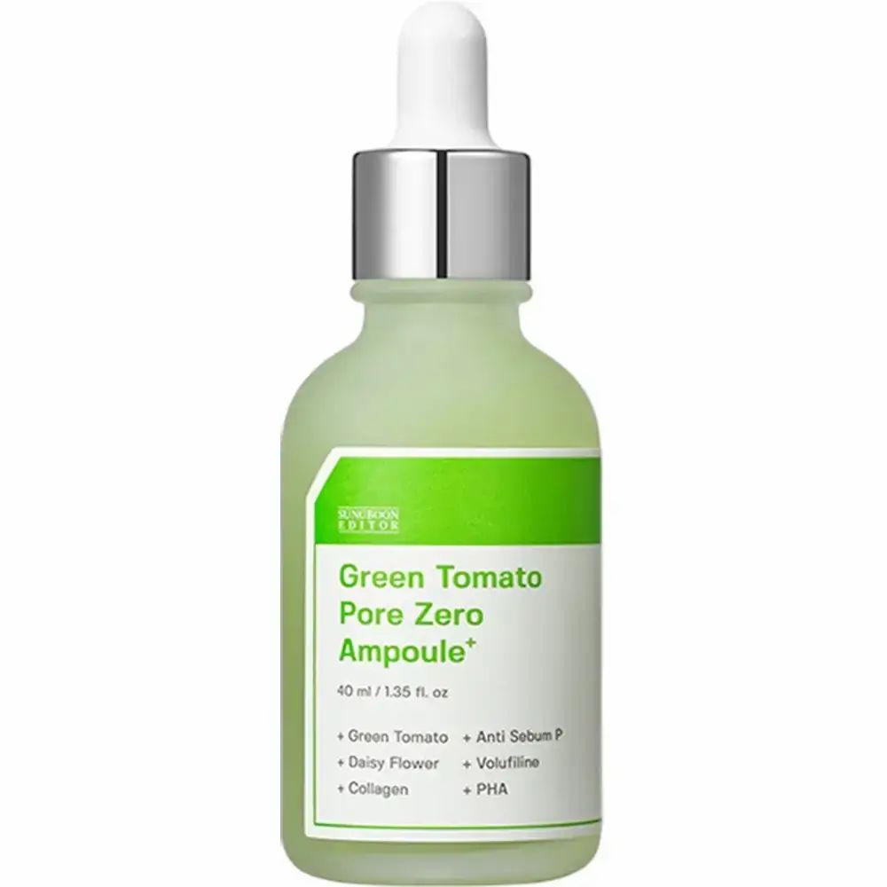 Groene fles met witte dop. Opschrift: Green Tomato Pore Zero Ampoule+. Bevat groene tomaat, collageen, etc.