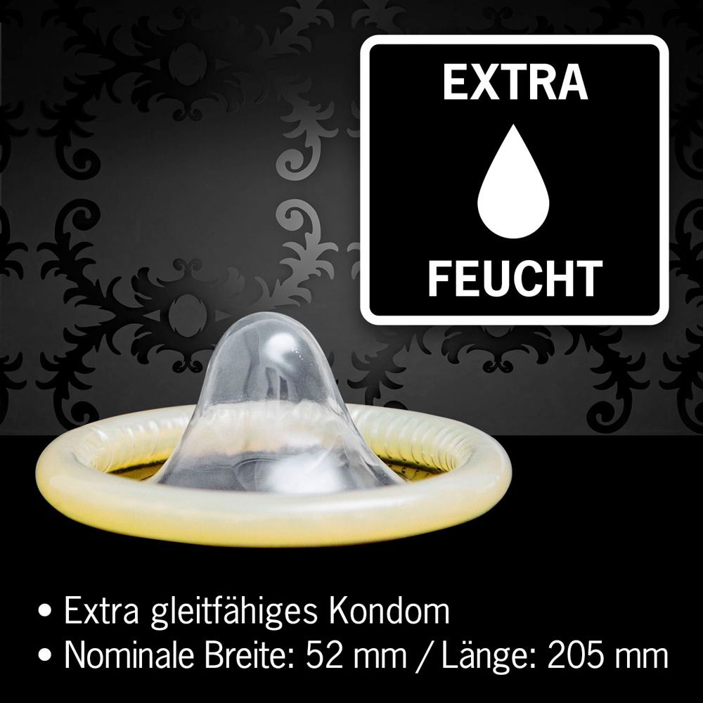 Préservatif sur fond noir. Texte : EXTRA FEUCHT. Texte en dessous : Extra gleitfähiges Kondom, Nominale Breite: 52 mm / Länge: 205 mm.