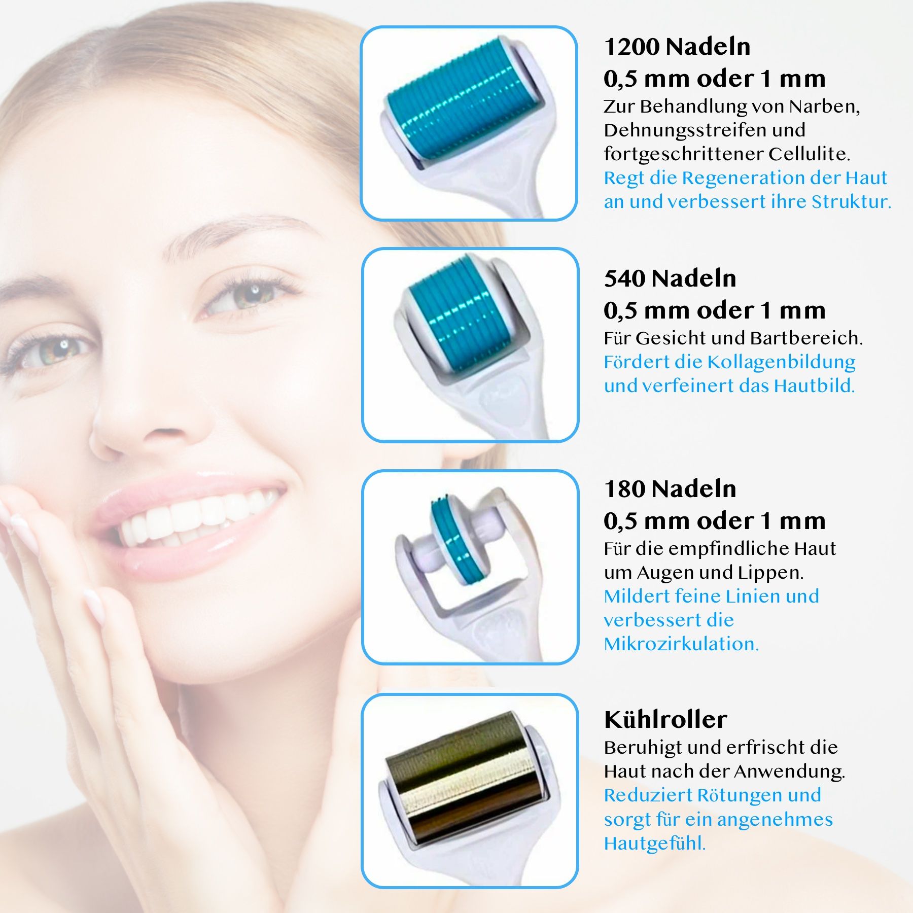 Gezicht van een vrouw met diagrammen die verschillende derma roller opzetstukken en hun toepassingen tonen. Tekst: 0,5 mm of 1 mm.