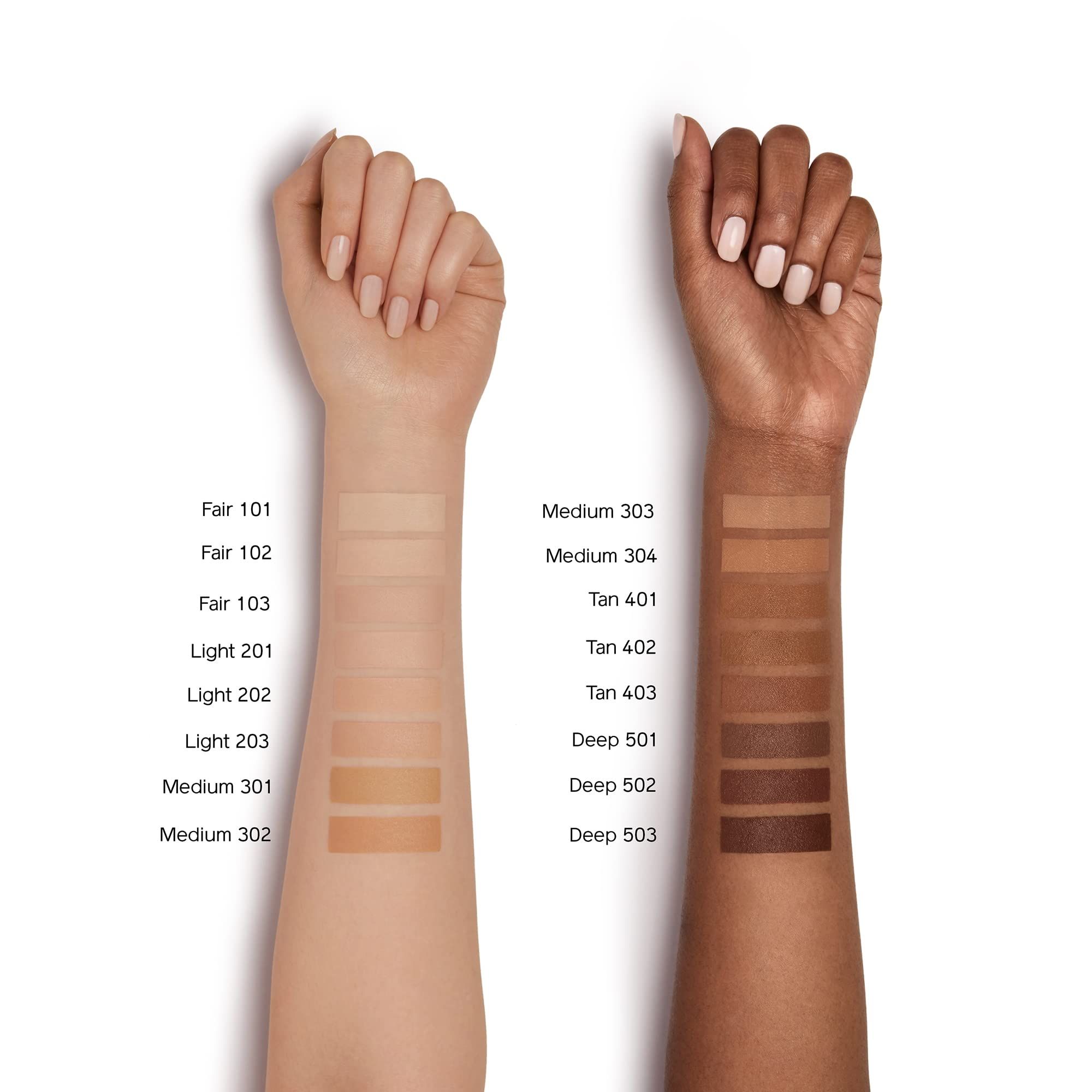 Deux bras avec différents tons de peau. Nuances du produit appliquées et étiquetées sur chaque bras.