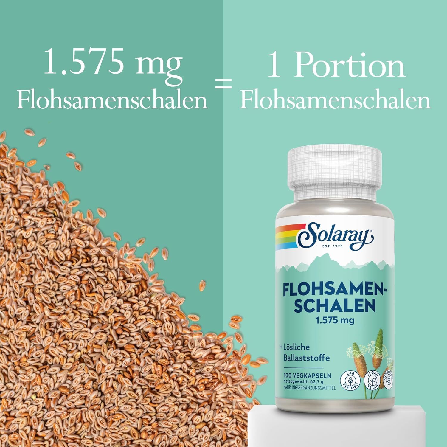Comparaison : 1.575 mg de téguments de psyllium = 1 portion. À côté, une bouteille de gélules de psyllium Solaray.