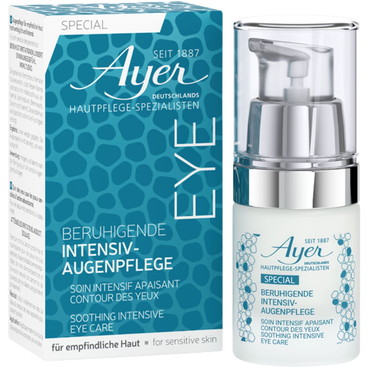 Ayer Eye Care. Flacon et emballage. Texte : Beruhigende Intensiv-Augenpflege, Soin intensif apaisant contour des yeux, Soothing Intensive Eye Care.